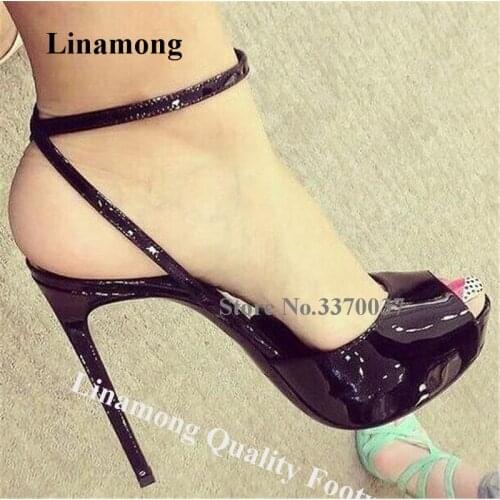 Linamong Charming Peep Toe Patent Leather Stiletto Heel Pumps Black Nude Ankle Straps Cross High Heels Party Dress Shoes Size 46