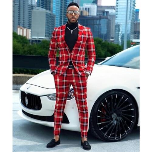 Fashion Red Check Slim Fit Suits Set One Button Notached Lapel Two Pieces Groomsmen Tuxedos 2021