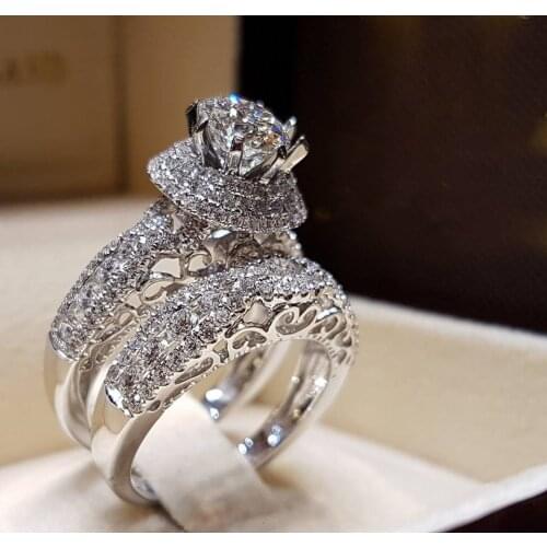 Luxury Crystal Female Big Zircon Stone Ring Set Fashion Plata Bridal Wedding Rings For Women Promise Love Engagement Ring