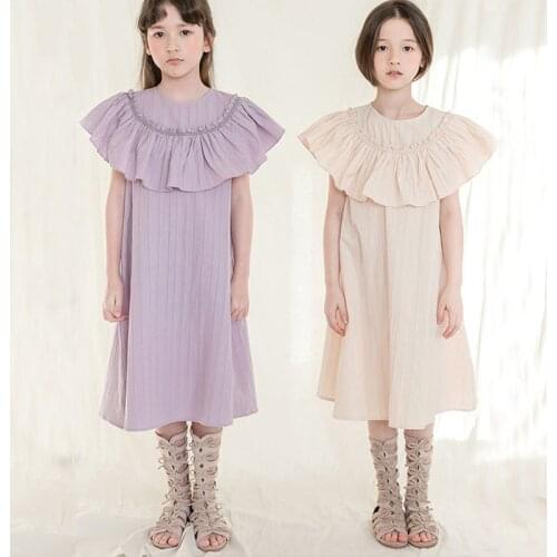 Teenage Kids Girl Dress 2021 Summer Toddler Children Casual Patchwork Clothing Long Girls Dresses Baby Costume Purple Beige