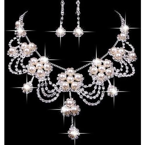 Chic Women Luxury Rhinestone Faux Pearl Necklace Earring Wedding Bridal Jewelry Set