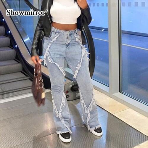 Showmirror Autumn Light Blue Jeans Three-Dimensional Tassel Design Casual Straight-Leg Pants Fashion Women Commute Out