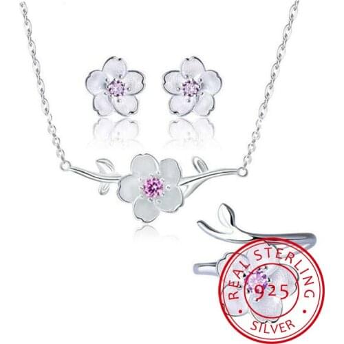 Rhinestone Sets Fine Jewelry for Women 925 Sterling Silver Pink Zirconia Cheery Flower Necklaces Ring Statement Jewelry Brincos