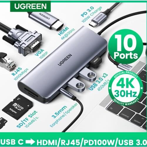UGREEN USB C HUB 10 in 1 USB Type C to HDMI 4K USB 3.0 VGA PD 3.5mm Full Function HUB for MacBook/Pro/Air iPad Pro USB C HUB