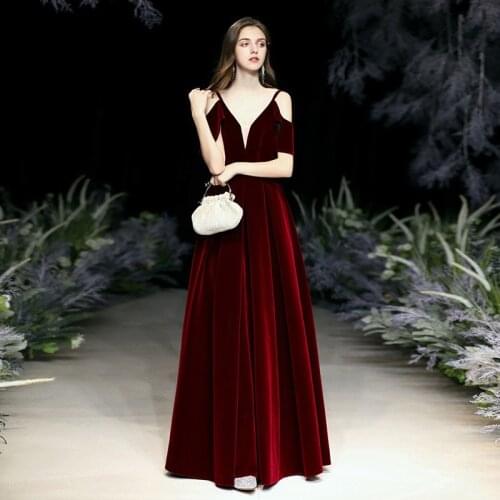 Sexy Burgundy Velvet Women Vintage A-line Maxi Dress Robe Party Dinner Elegant Long Prom Formal Dresses