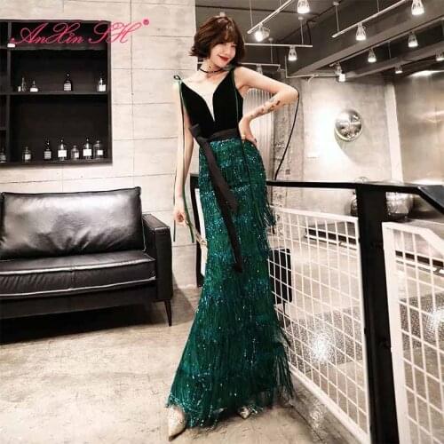 AXJFU princess black Flannelette green silk mermaid evening dress party v neck black bow red Flannelette trumpet evening dress