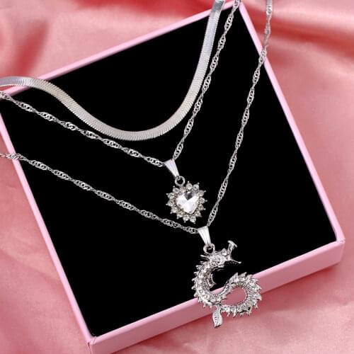 JUST FEEL 3Pcs/set Silver Color Metal Snake Chain Choker Necklace for Women Crystal Heart Dragon Pendants Necklace Jewelry Gift
