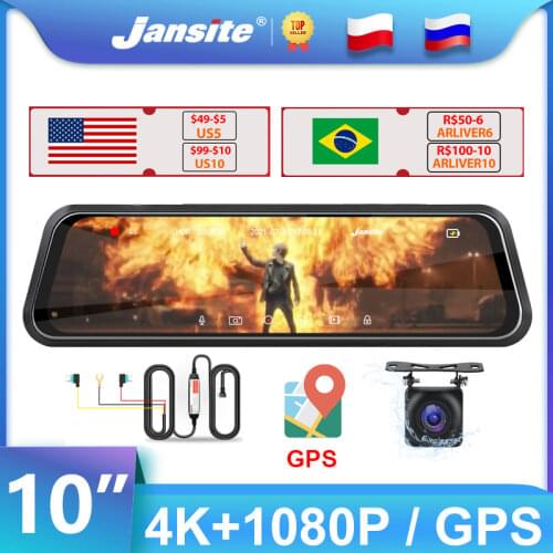 Jansite 10" Dash cam Touch Screen Car DVR stream media Right Lens Camera Anti-jamming WDR Time-lapse video Registrar Rear camera