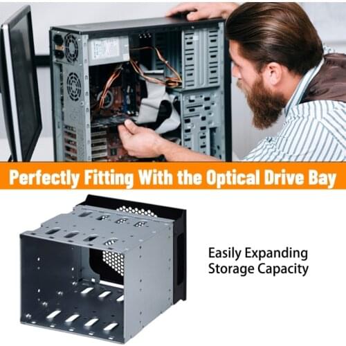 53CC Stainless Steel Hard Drive Cage, 5.25" to 5x 3.5" Rack for Computer SATA HDD Hard Driver Tray Rack with Fan Space