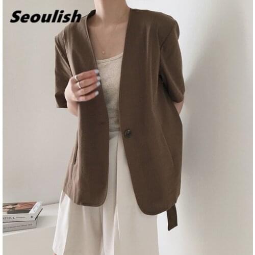 Seoulish Summer 2021 New Womens Shorts Suits Single Button Blazer and Wide Leg Shorts Elegant Office Lady Womens Suits Sets