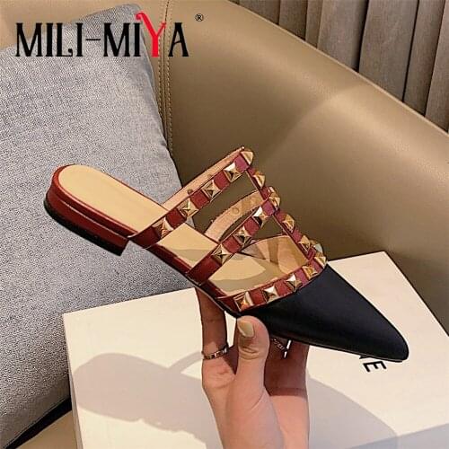 MILI-MIYA Luxury T-Strap Rivet Sandals Slides For Girls Summer Flat Heel Pointed Toe Genuine Leather Fretwork Slingback Mules