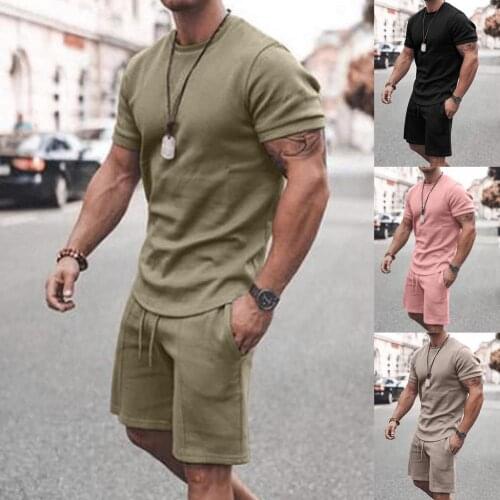 2021New Car/motorcycle Men Casual Shorts Sets Short Sleeve T Shirt +Shorts Solid Male Tracksuit Set Mens Clothing 2 Pieces Sets