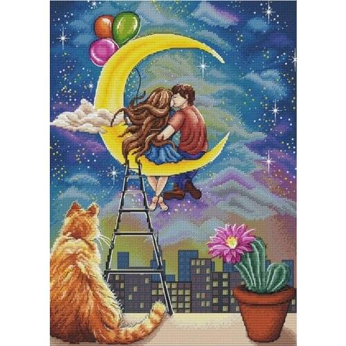 27-lovers on the moon Counted Cross Stitch 11CT 14CT 18CT DIY Cross Stitch Kits Embroidery Needlework Sets