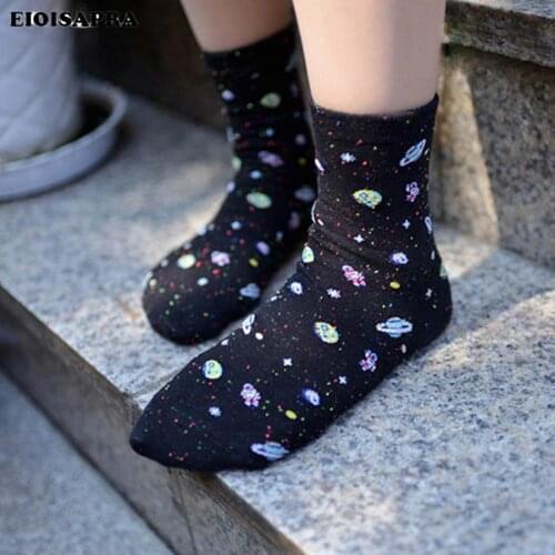 [EIOISAPRA]Cotton Women Space Astronaut Planet Socks Korean Womens Summer Fashion Socks Universe Novelty Short Funny Sokken
