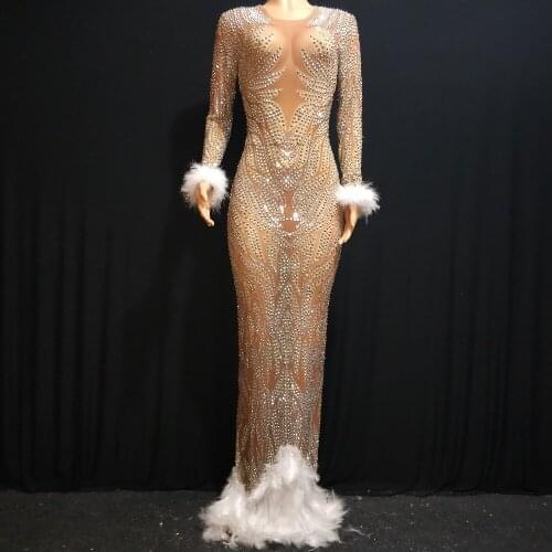 New Shining Full Rhinestones Mesh Long Dress Celebrate Feather Transparent Dress Dance Wear Womens Birthday Evening Dress