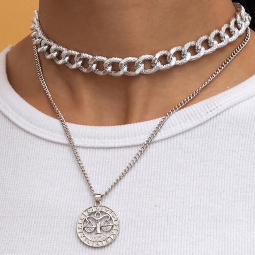 Punk Zodiac Libra Coin Pendant Necklace Lady Retro Sweet Golden Twisted Thick Necklaces Fashion Glamour Girl Jewelry Lover Gift