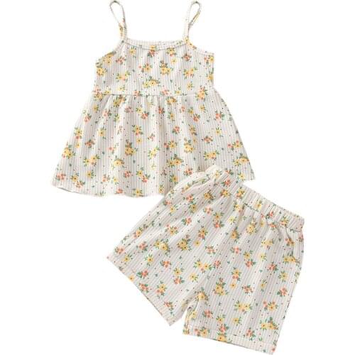 Pudcoco 1-5 Years Little Girls Flower Print Ribbed Set, Spaghetti Straps Skirt Hem Tops and Short Pants Summer 2-piece Suits