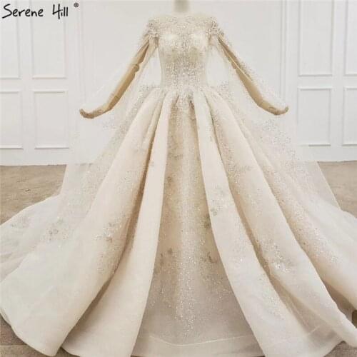 Serene Hill Champagne Luxury Sleeveless Shawl Wedding Dress 2020 Dubai O-Neck Sequins Beading Bridal Gown Custom Made CHX0071