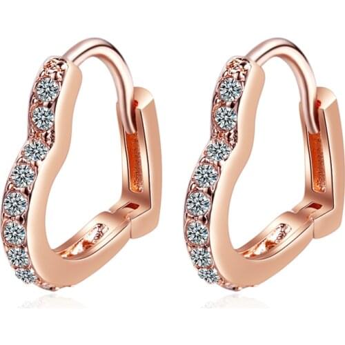 Womens Fashion Romantic Heart-Shape Hoop Earrings Rose Gold Color Crystal Small Huggies Hoops Shiny Earring Piercing Jewelry