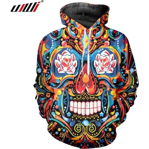 UJWI Horror Skull Hoodie Men/Women Harajuku Sweatshirt 3D Printed Colorful Flower Casual Plus Size Hoody Pullover Streetwear