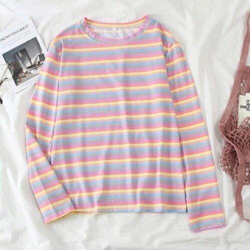 Spring Autumn Fashion Rainbow Stripes T Shirt Long Sleeve Casual Loose Tshirt Korean Ulzzang Women T-shirts 90s Girl Pink Tops