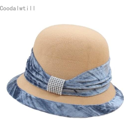 Wool Felt Fedoras Hat For Women Elegant Church Cap Pink Bow Curl Birm Ladies Cloche Hats Winter Floppy Bowler Caps