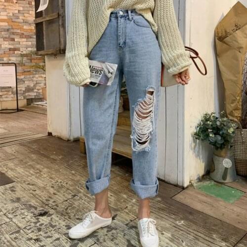 Mozuleva 2020 Summer Casual High Waist Harem Jeans Women Loose Female Denim Jeans Pants Streetwear Ripped Hole Denim Trousers