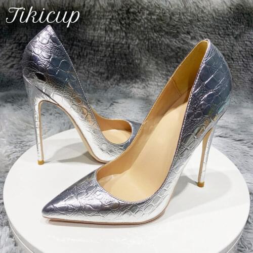 Tikicup Silver Crocodile-Effect Women Sexy Pumps 8cm 10cm 12cm Pointed Toe High Heels Fashion Ladies Wedding Shoes Size 33-45