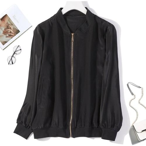 Womens 100% Pure Silk thin type stand collar zip up black with pocktets bomber Jackets Coat Top JN534