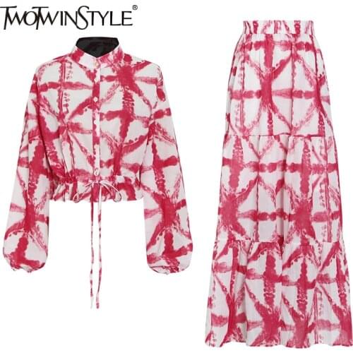 TWOTWINSTYLE Vintage Two Piece Set Round Collar Tops High Waist Mid Long Skirts Floral Print Colorblock Women Suits 2021 Clothes