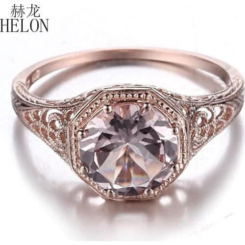 HELON Solid 14K Rose Gold AU585 Round Cut 8mm Genuine Morganite Engagement Wedding Ring Women Vintage Fine Jewelry