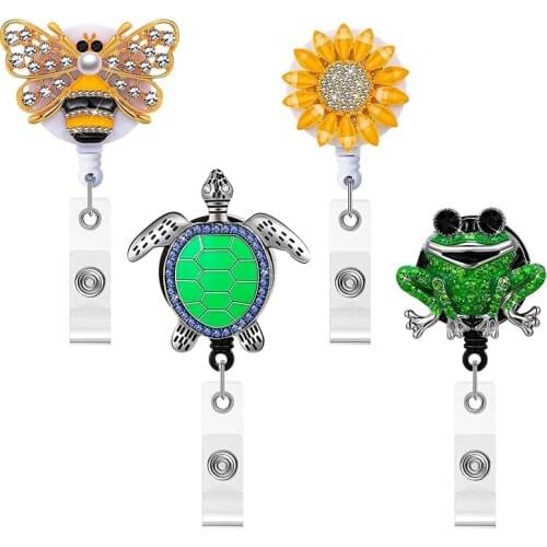 4Pcs Retractable Badge Reel Cute Animals Badge Holder Bling Rhinestones Badge Reel Holder with Alligator Clip