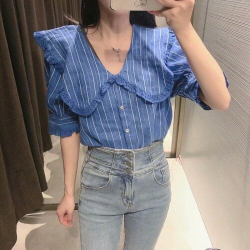 2021Women Fashion Blue Stripes Ruffle Blouses Vintage Lapel Collar Office Ladies Female Shirts Blusas Casual Blusas Tops