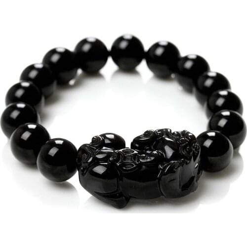 Feng Shui Plexiglas Glass PIXIU Bracelet 12mm Black Beads for Gifts Preferred Wealth Good Lucky charms Women Jewelry Bracelets