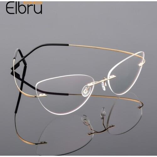 Elbru Fashion Rimless Cat Eye Glasses Frame Metal Titanium Alloy Ultralight Elastic Spectacle Frame Myopia Glasses Frame Unisex