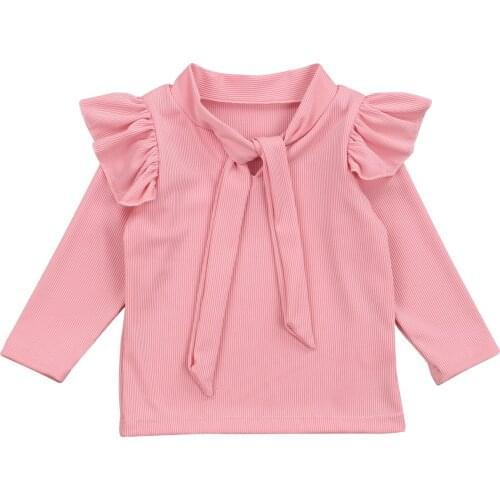 Toddler Baby Girls T-shirts Childrens Solid Neckline Bow Tops Round Neck Long Sleeve Pullover autumn casual for Kids