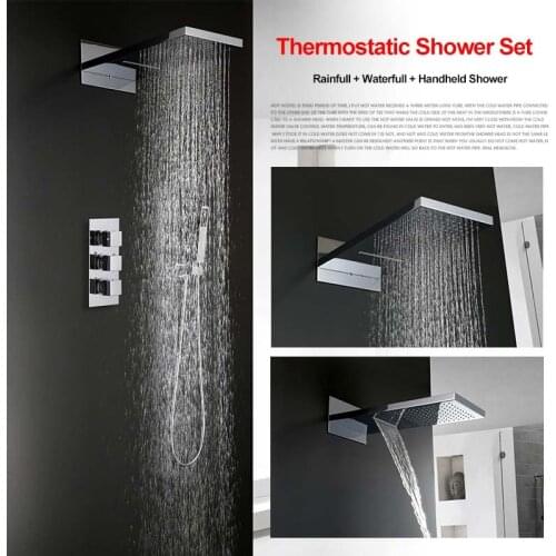 Luxury Wholeset 5 Years Warranty Chrome Rainfall Waterfall Thermostat Shower Mixer Concealed in Wall Thermostat Shower Set