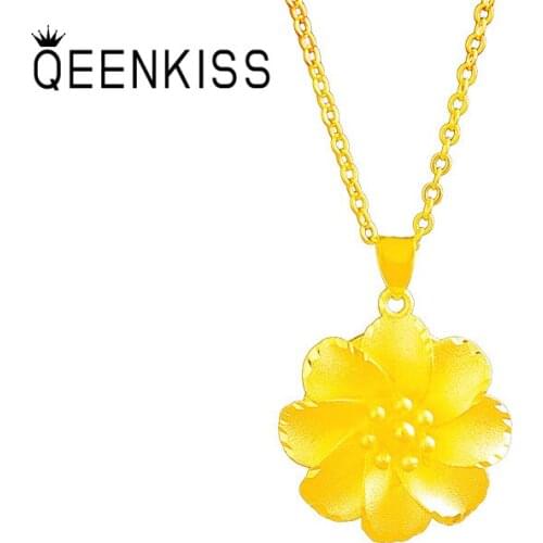 QEENKISS PT568 Fine Jewelry Wholesale Fashion Woman Girl Birthday Wedding Gift Retro Flowers 24KT Gold Pendant Charm NO CHAIN