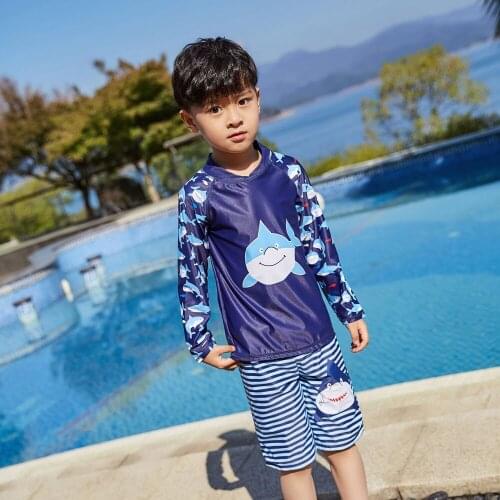 Baby Boys Two Piece Rash Guard Swimsuits Kids Long Sleeve Sunsuit Swimwear Sets Losse Swim Shirt with Trunks Printed