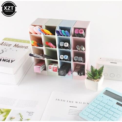 Multi-function Desktop Pencil/Pen Holder 4 Grid Office School Suppliers Storage Case Wheat Straw Cute Desk Pen Pencil Organizer