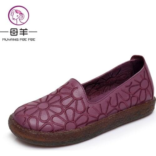 MUYANG MIE MIE Genuine Leather Flat Shoes Woman Hand-sewn Leather Loafers Cowhide Flexible Casual Shoes Women Flats Women Shoes