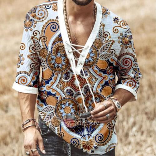 2020 Mens New European American Corns Lace Up Mens Short Sleeve Printed Shirt Casual V-neck Mens Shirt
