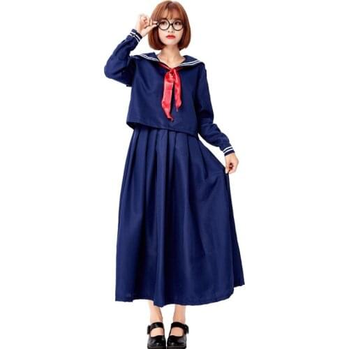 New adult female Japanese navy sailor middy and skirt dark blue split long-sleeved V neck Japanese school uniform with red scarf