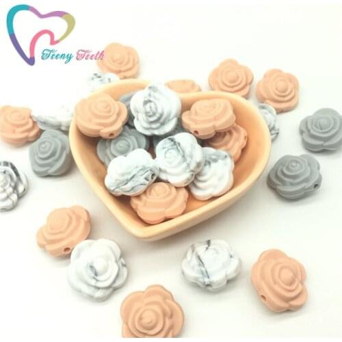 Teeny Teeth 10PCS Marble Flower Chewable Rose Silicone Beads Baby Teething Toys Food Grade Silicone For DIY Dummy Chain Necklace