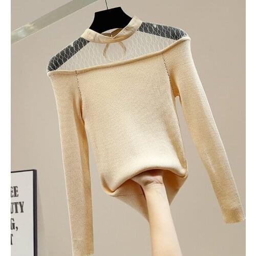 Sexy Sweater Women Fashion Mesh Stitching Hollow Slim Female Sweaters 2020 New Clothes Ladies All Match Basic Tops Pullovers
