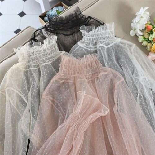 Spring Summer Women Hollow Out Mesh Blouse Sweet Ruffles Lace Shirts Female Flare Sleeve Dot Thin Bottoming Blouses Tops AB1700