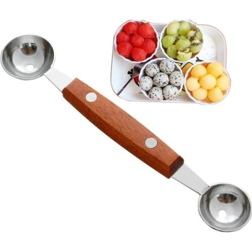 Kapmore 1pc Fruit Scoops Wooden Handle Double Sided Stainless Steel Melon Ballers Fruit Ballers For Fruits Ice Cream
