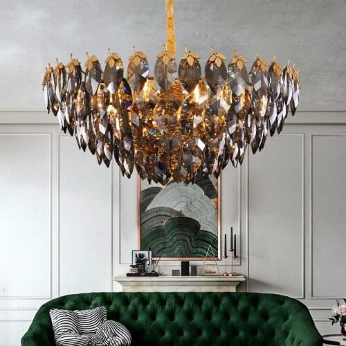Post-modern luxury living room smoke gray leaves high-end chandelier bedroom personality villa new crystal lamp