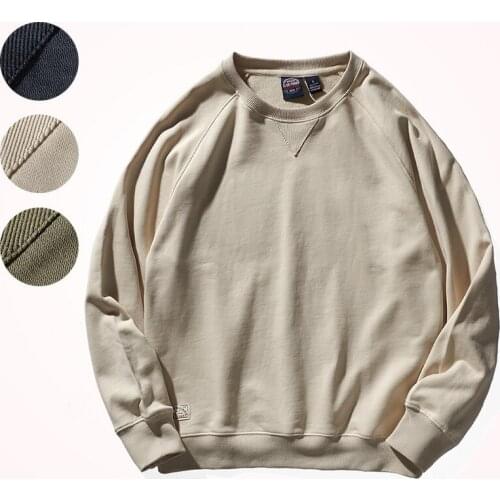 American Style Heavyweight Terry Hoodies Mens Pure Cotton Retro Solid Color Simple Round Neck Pullover Raglan Sleeve Sportwear