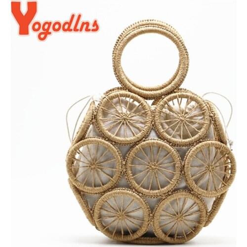 Yogodlns Summer Straw Bag For Women Round Hollow Beach Bag Casual Handmade Woven Handbag Seaside Vacation LadyHandle Bag Pouch